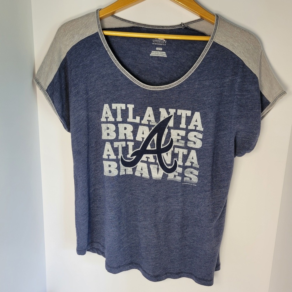 MLB Atlanta Braves Womens T-Shirt Navy Blue Grey Distressed Logo Size M